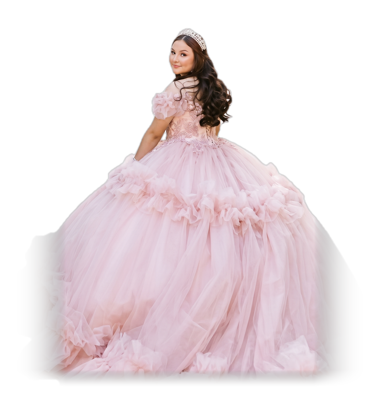 Vestido de quinceaños Emilia, tul rosa con vuelo
