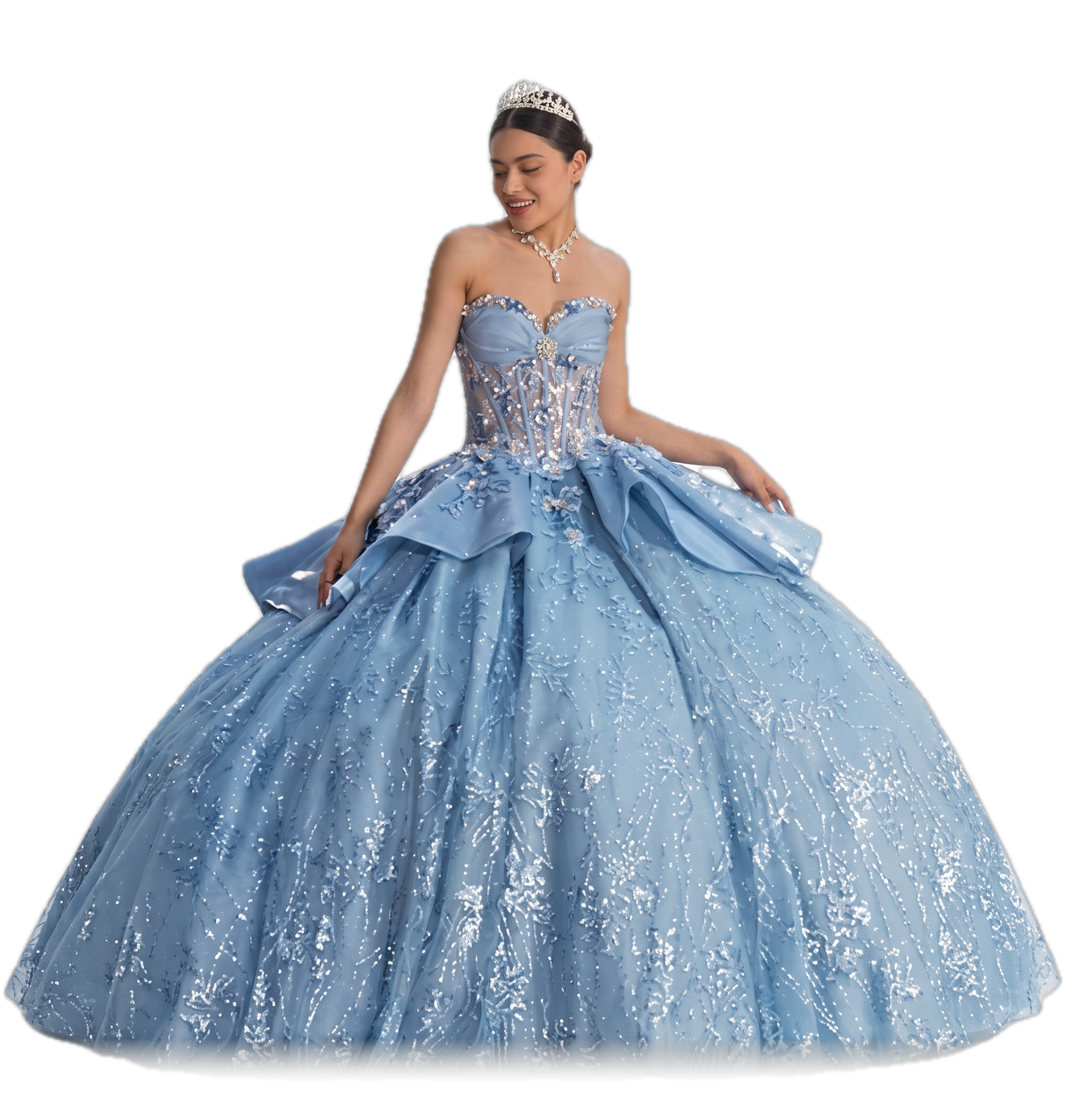 Vestido de quinceaños Paulina, azul cielo con corona