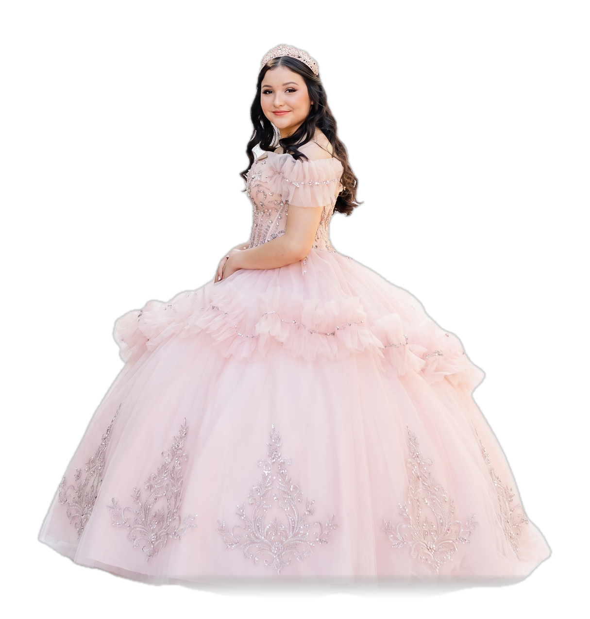 Vestido de quinceaños Vera, tul rosa bordado